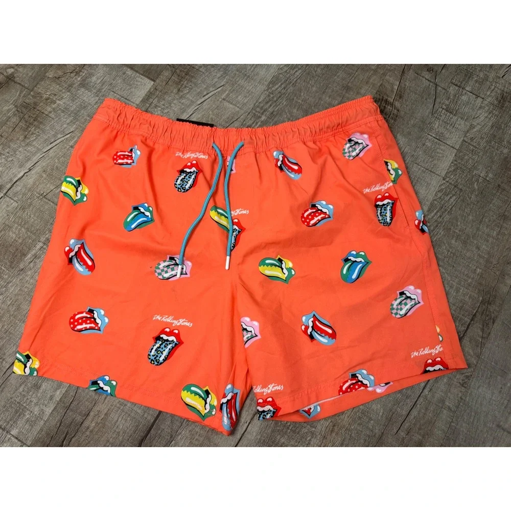The Rolling Stones Mens Board Shorts Orange Tongue Logo Swim Trunks XL 40-42